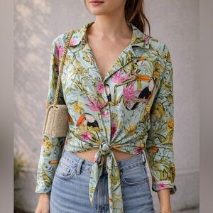 ZARA Tropical Toucan Print Tie-Front Blouse | XS
